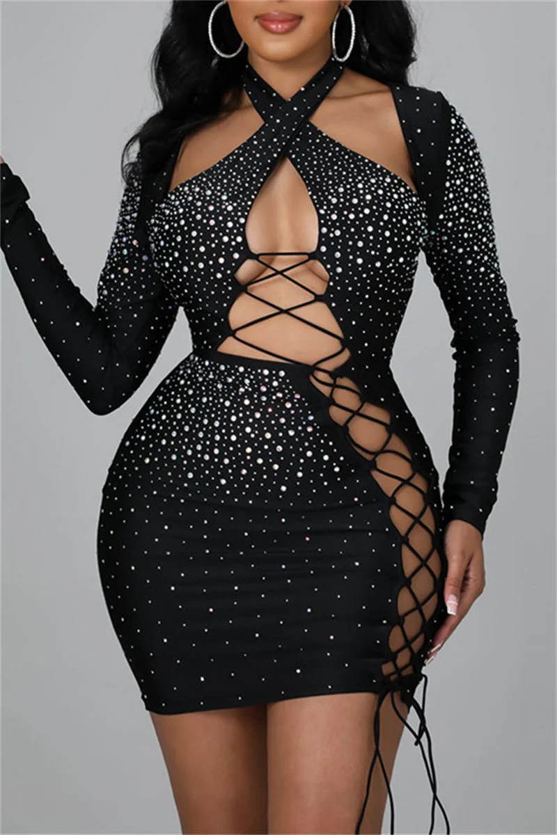 Fashion Sexy Patchwork Hot Drilling Bandage Hollowed Out Halter Long Sleeve Dresses