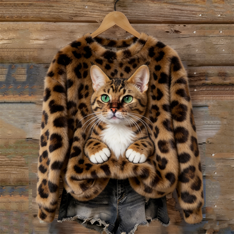 Leopard Tabby Cat Inspired Leopard Cozy Plush Sweatshirt wearshes