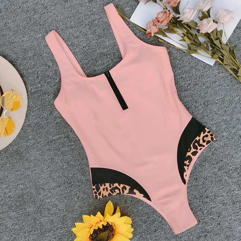 2020 New Women Pink Leopard Swimwear  Sexy Zipper One Piece Swimsuit Female Bather High Cut  Bathing Suit Push Up Monokini 5098