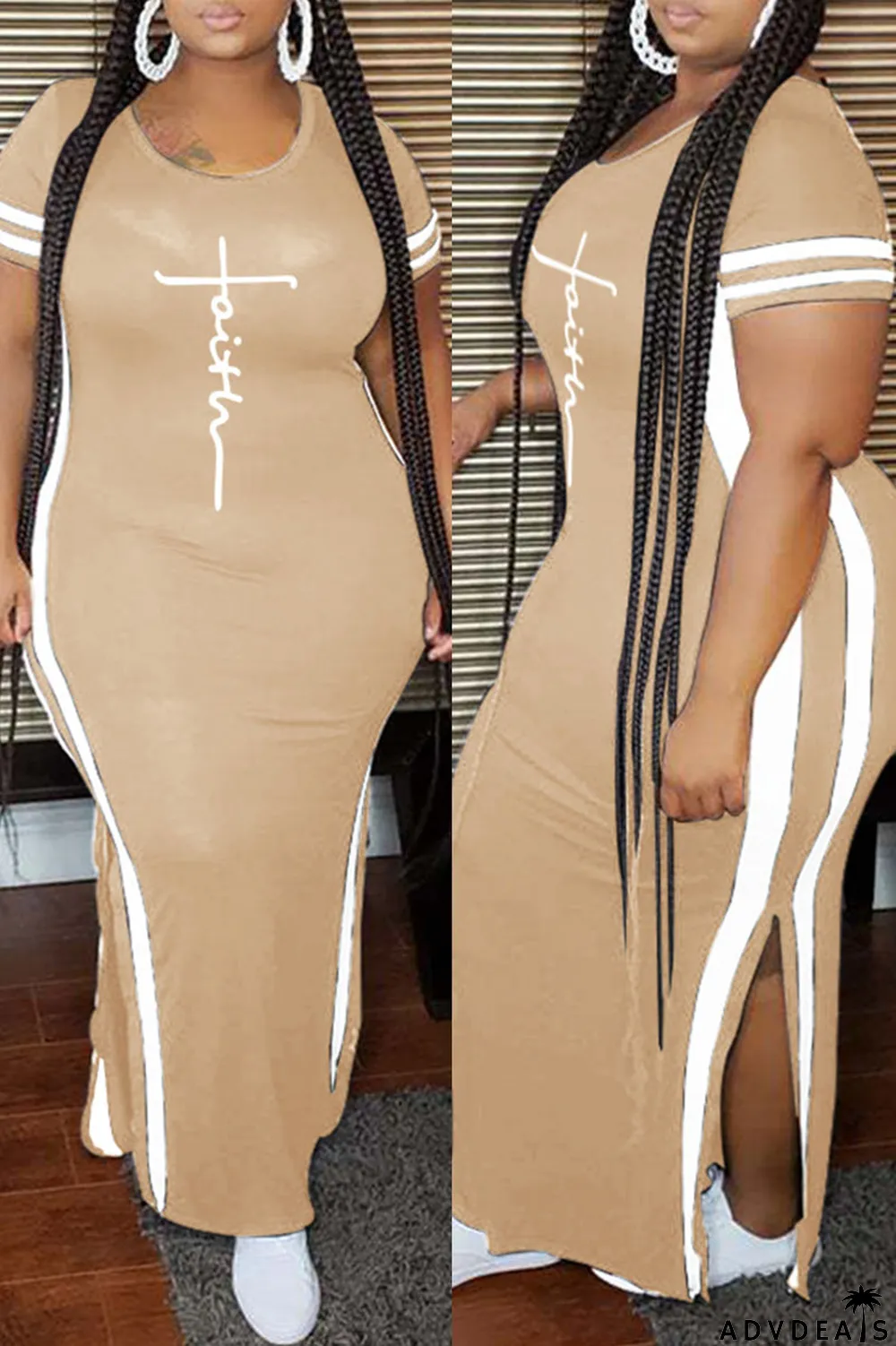 Tibetan Blue Fashion Casual Plus Size Print Slit O Neck Short Sleeve Dress