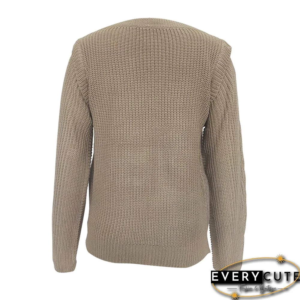 Khaki Knitted Pullover Long Sleeve Sweater