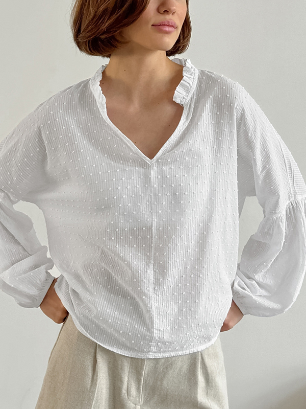 Jacquard Stand Collar Lantern Sleeved Shirt
