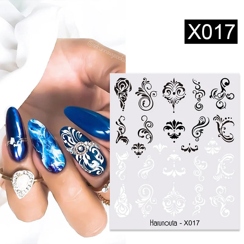 Harunouta Black Lines Flower Leaves Water Decals Stickers Floral Face Marble Pattern Slider For Nails Summer Nail Art Decoration