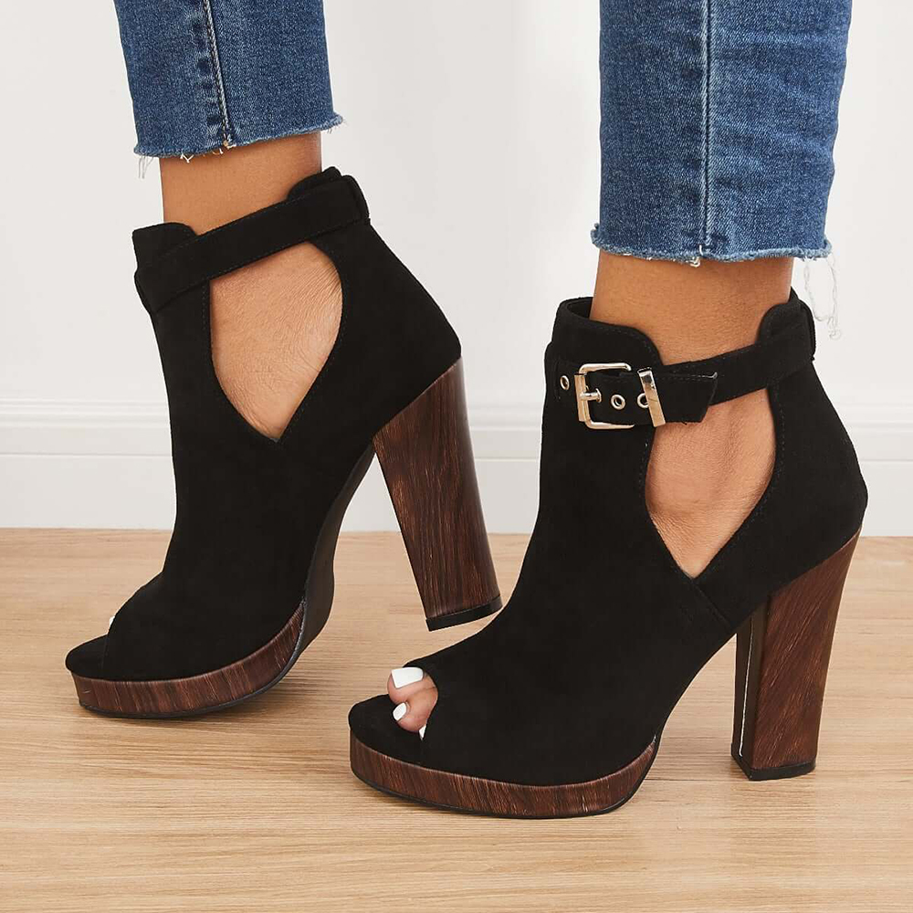 Black Vegan Suede Cut Out Booties Peep Toe Heeled Platform Boots Nicepairs