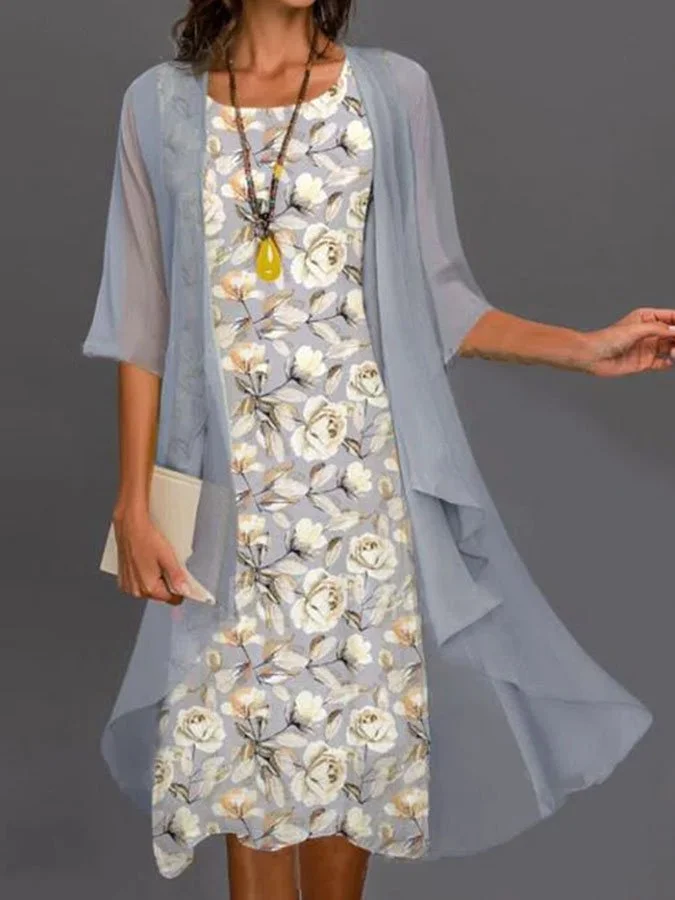 Elegant Two Piece Chiffon Print Dress