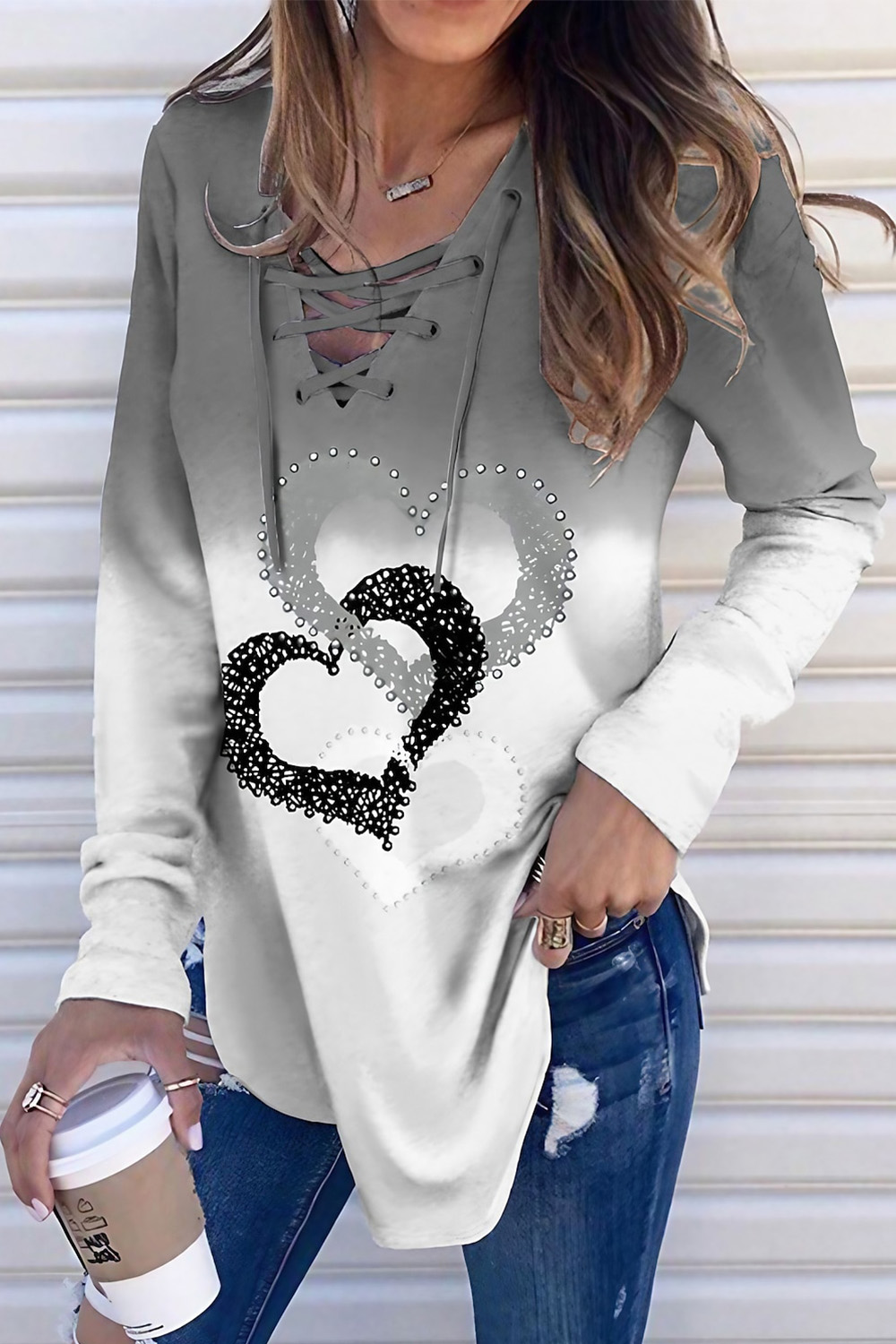 Flycurvy Plus Size Casual Grey Lace Up Gradient Heart-Shaped Pattern Long Sleeve Blouse