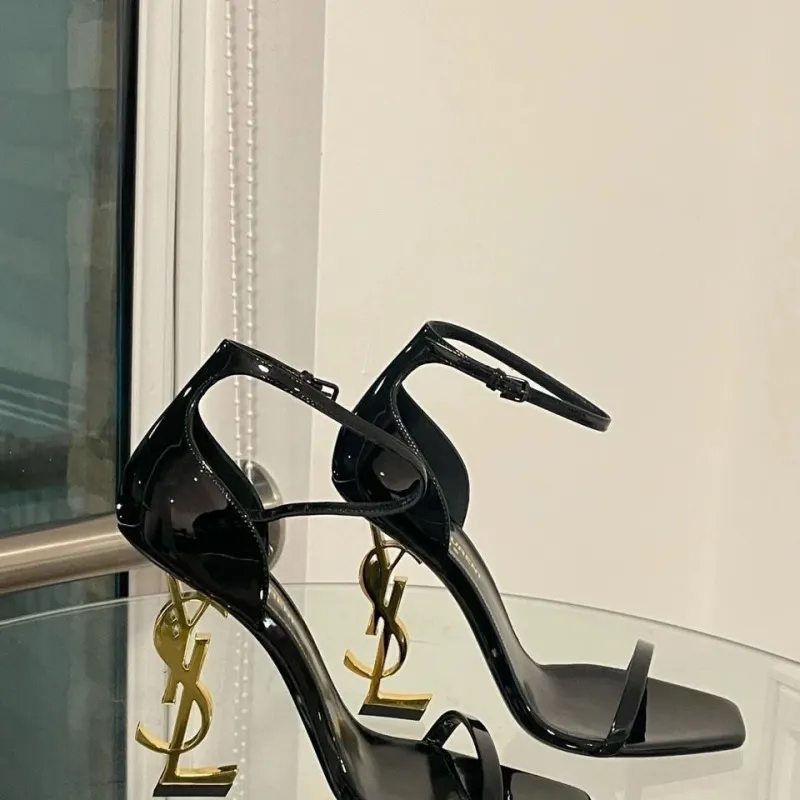 Breakj Breakj Gold Letter High Heels Women 2025 New Word With Sandals Female Leather Letter Root Metal Sandals
