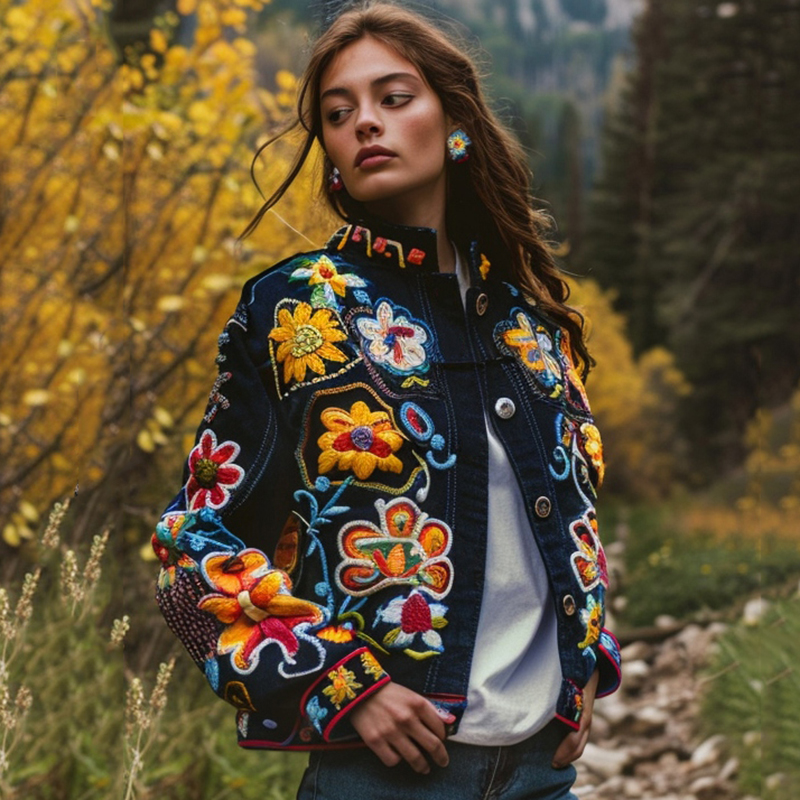 Comstylish Women's Floral Pattern Design Embroidered Print Denim Jacket