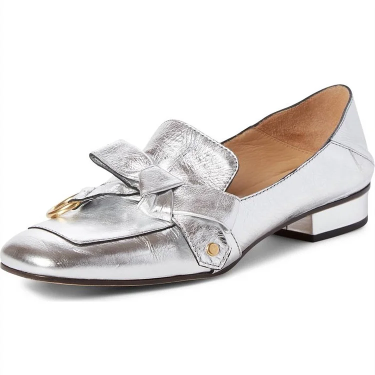 Silver Square Toe Loafers for Women Comfortable Flats with Bow |FSJ Shoes