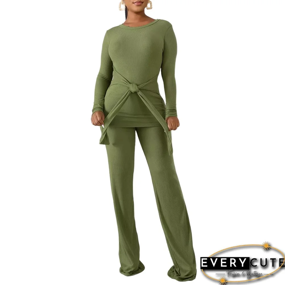 Green Rib Knot Front with Flare Pants Set