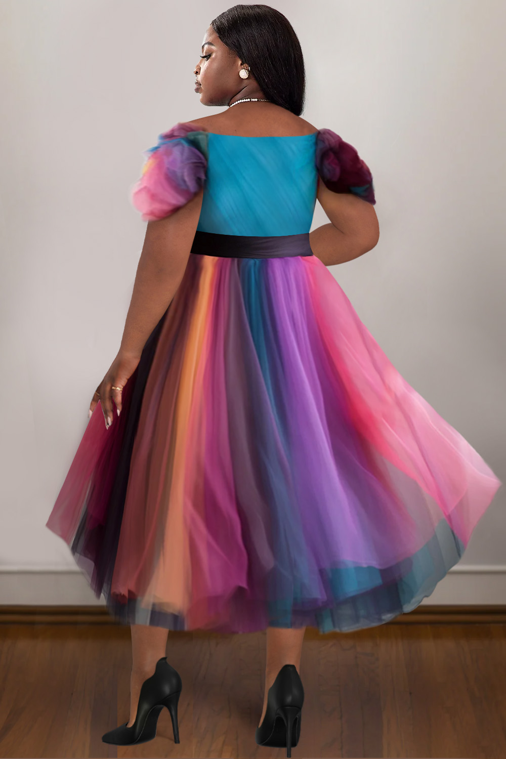 Design Plus Size Prom Elegant Multicolor Gradient Wrap Neck Tulle Midi Dresses [Pre-Order]