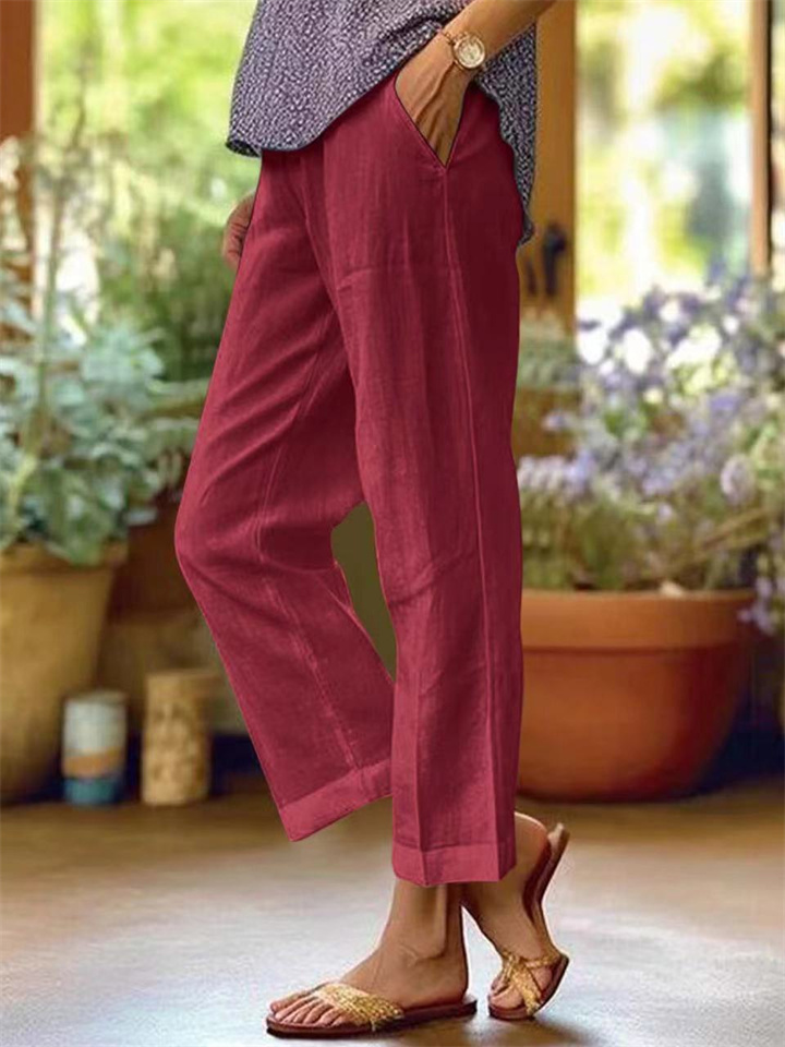 Women's Cotton Linen Loose Solid Color Elastic Waist Straight Casual Pants Plus Size Nine Pants-JRSEE