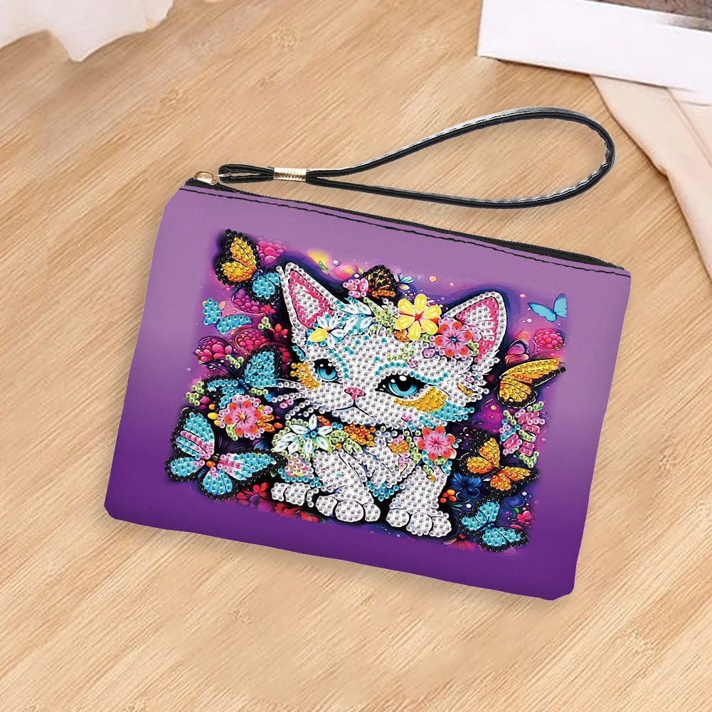 DIY Butterfly Cat PU Partial Special Shaped Diamond Painting Wallet Makeup Bag