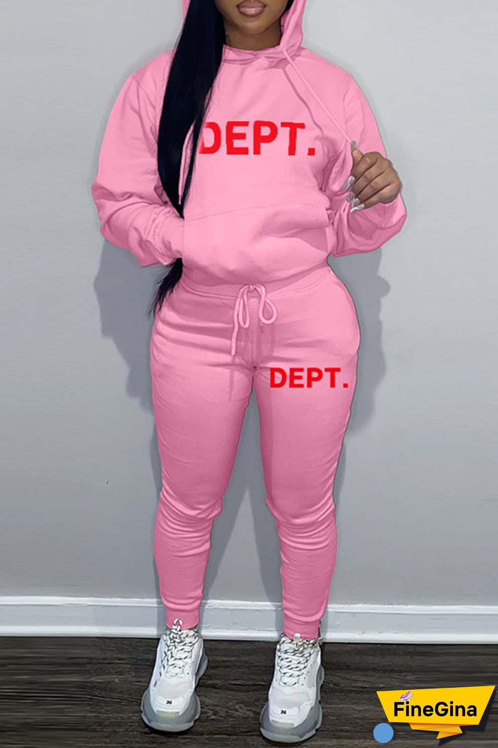 Brown Street Vintage Print Draw String Letter Hooded Collar Long Sleeve Two Pieces