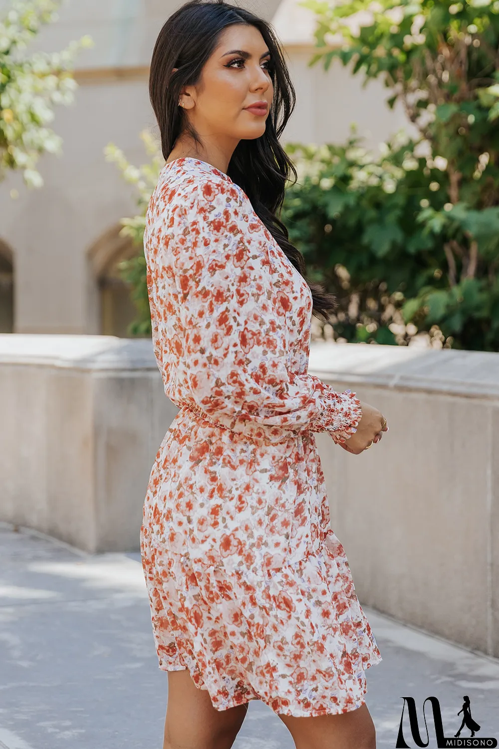 MidiSono - Red Shirred High Waist Floral Mini Dress