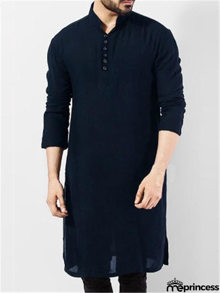 Men's Indian Traditional Kurta Solid Color Cotton Long Shirts Ethnic Outfits