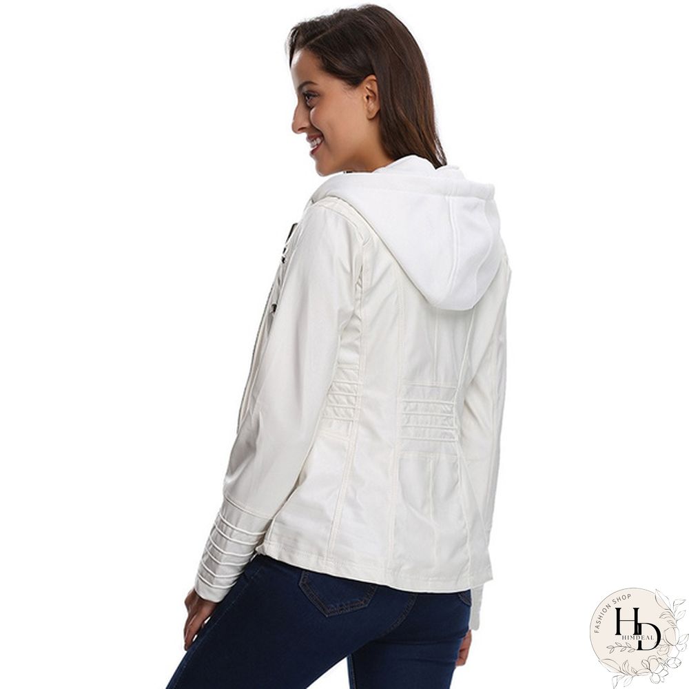 5 Color Women Fashion Long Sleeve Zipper Leather Jackets Removable Hooded Coat Ladies Plus Size Cool Motorcycle Coat Outwear