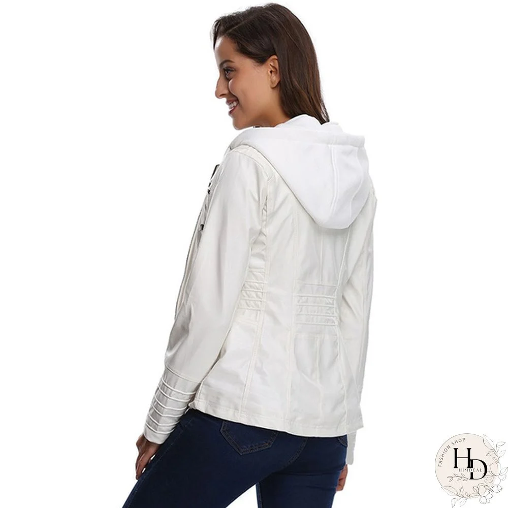 5 Color Women Fashion Long Sleeve Zipper Leather Jackets Removable Hooded Coat Ladies Plus Size Cool Motorcycle Coat Outwear