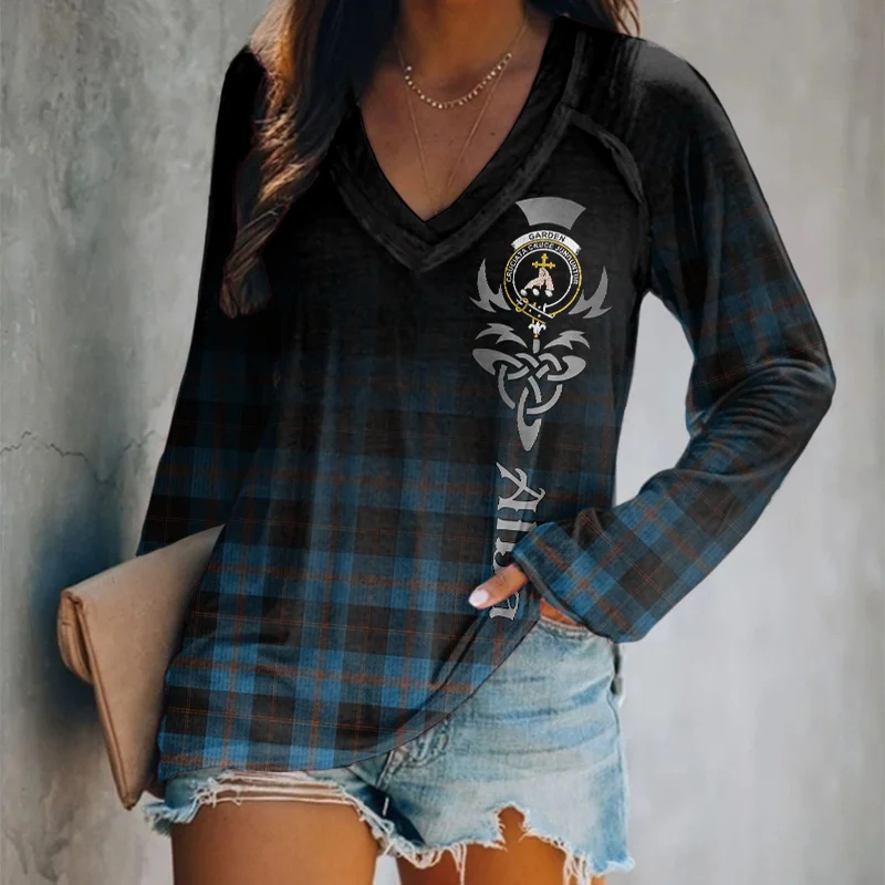Scottish Plaid Gradient Print V-Neck Long Sleeved T-Shirt