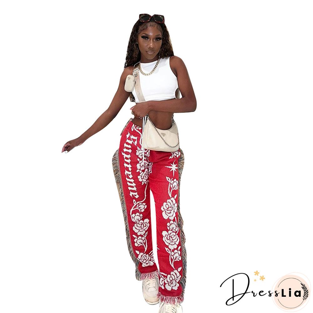 Side Tassels Patchwork Elastic Waist Women Print Jogger Pant