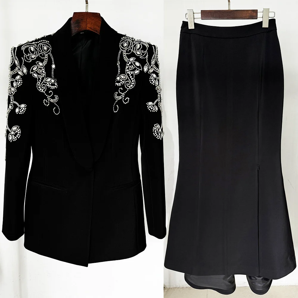 Nigikala Nigikala New Star Fashion Heavy Industry Diamond Nail Beads Blazer Open Fork Fishtail Long Dress