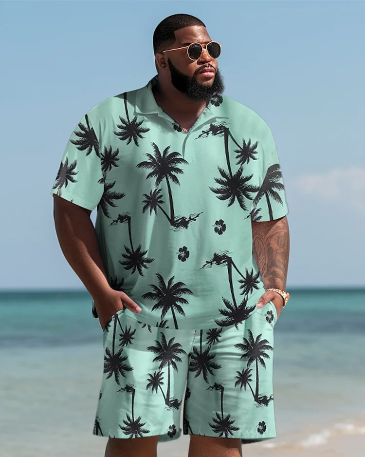 Hawaiian Coconut Tree Pattern Colorblock Shorts Men's Plus Size Set