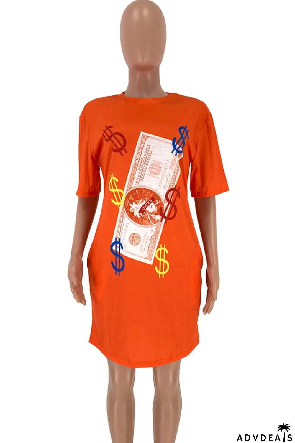 Orange Polyester Sexy Cap Sleeve Short Sleeves O neck Step Skirt Knee-Length Print