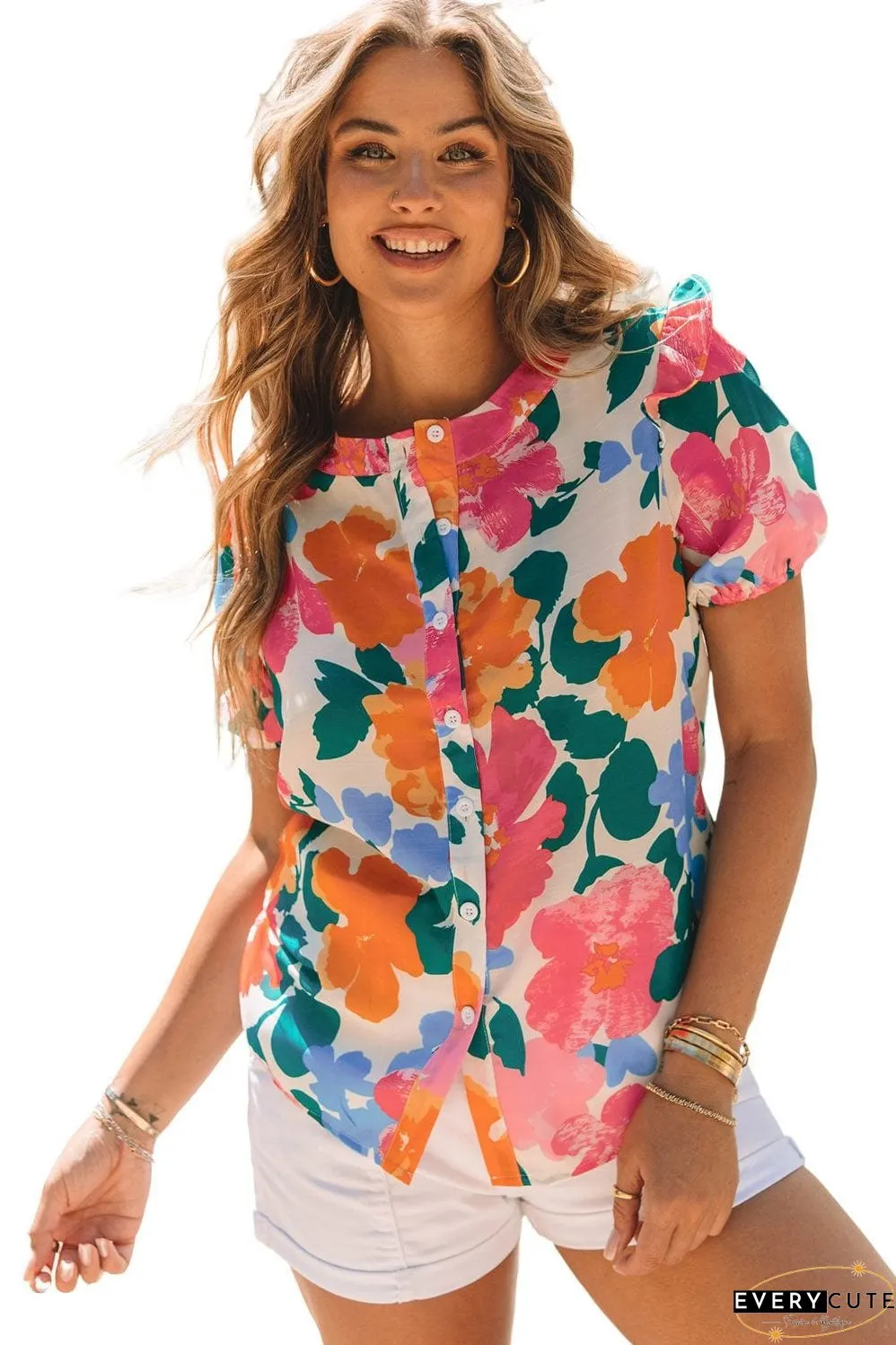 Floral Fantasy Puff Sleeve Blouse with Ruffle Detail