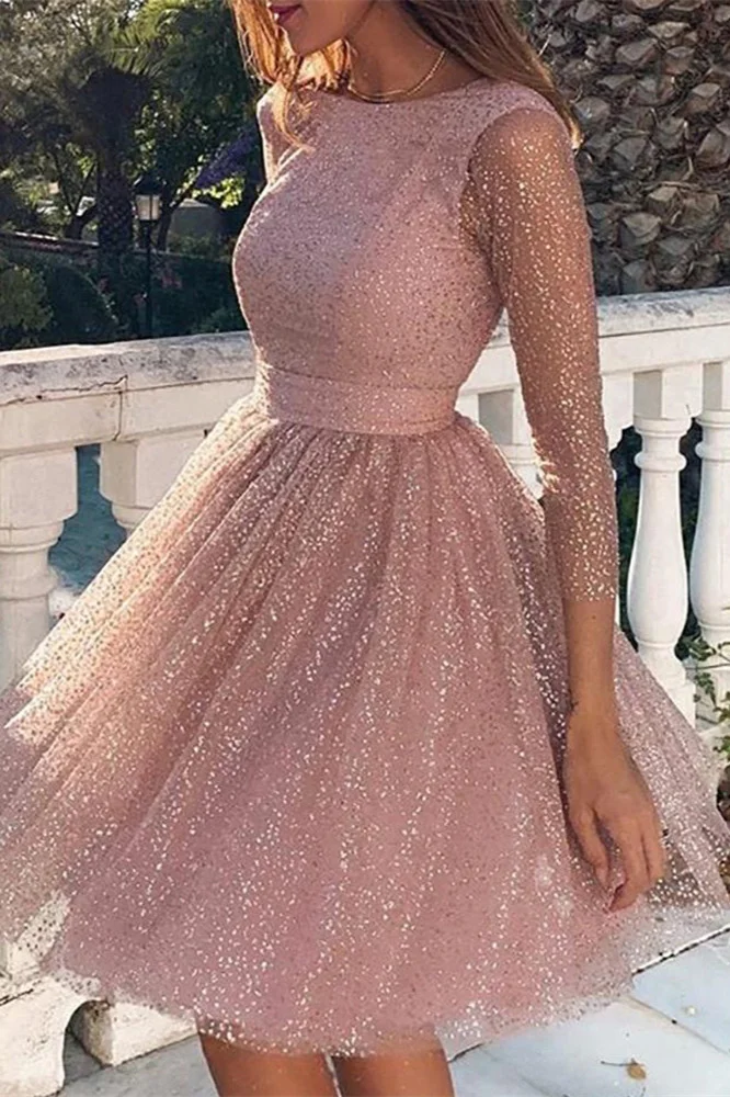 Lovely Pink Crystal Sequins Homecoming Dress Long Sleeves Short Prom Dress Online - lulusllly