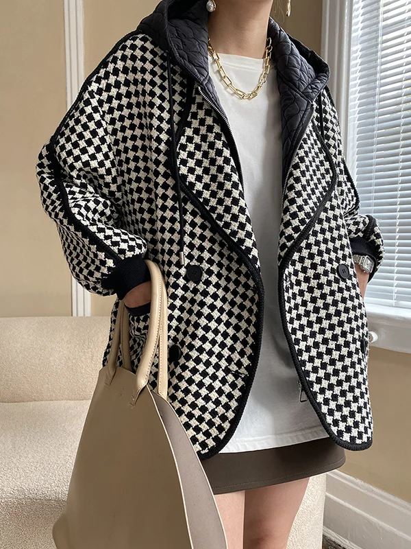 Urban Long Sleeves Loose Split-Joint Checkered Hooded Outerwear