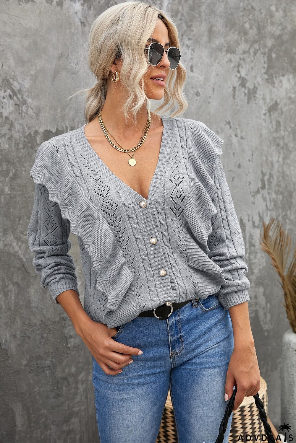 Ruffled Buttoned Open Front Knitted Sweater