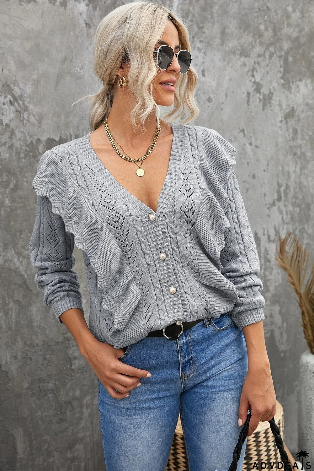 Ruffled Buttoned Open Front Knitted Sweater