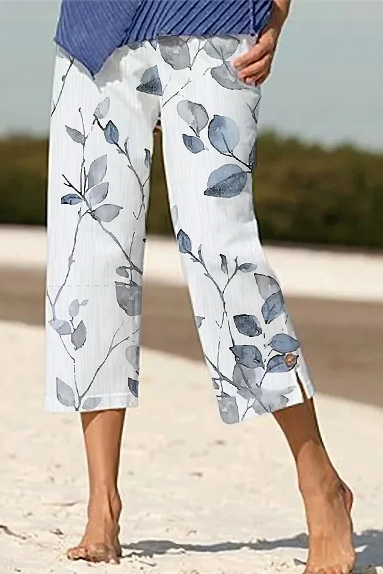 Flycurvy Plus Size Casual White Cotton And Linen Floral Print Pocket Capris Pants  Flycurvy [product_label]