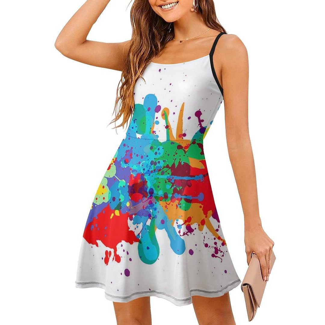 Sleeveless Adjustable Strappy Summer Beach Swing Dress Printed for Women