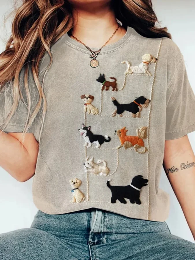 Women's Dog Print Round Neck T-shirt