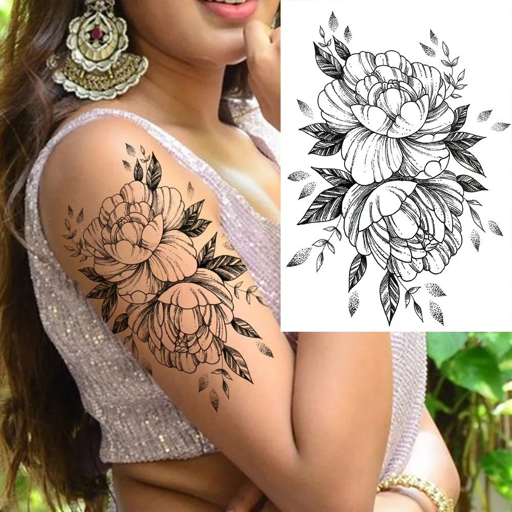 3D Flower Triangle Temporary Tattoos For Women Girl Fake Wolf Deer Geometry Tattoo Sticker Peony Dahlia Body Art Adults Tatoos