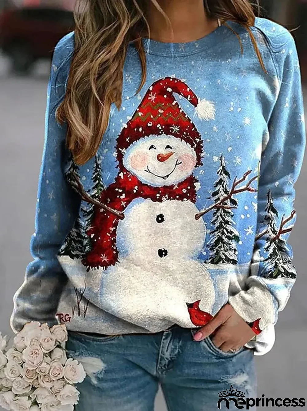 Women's Christmas Graphic Solid Color Scoop Neck Long Sleeve Top