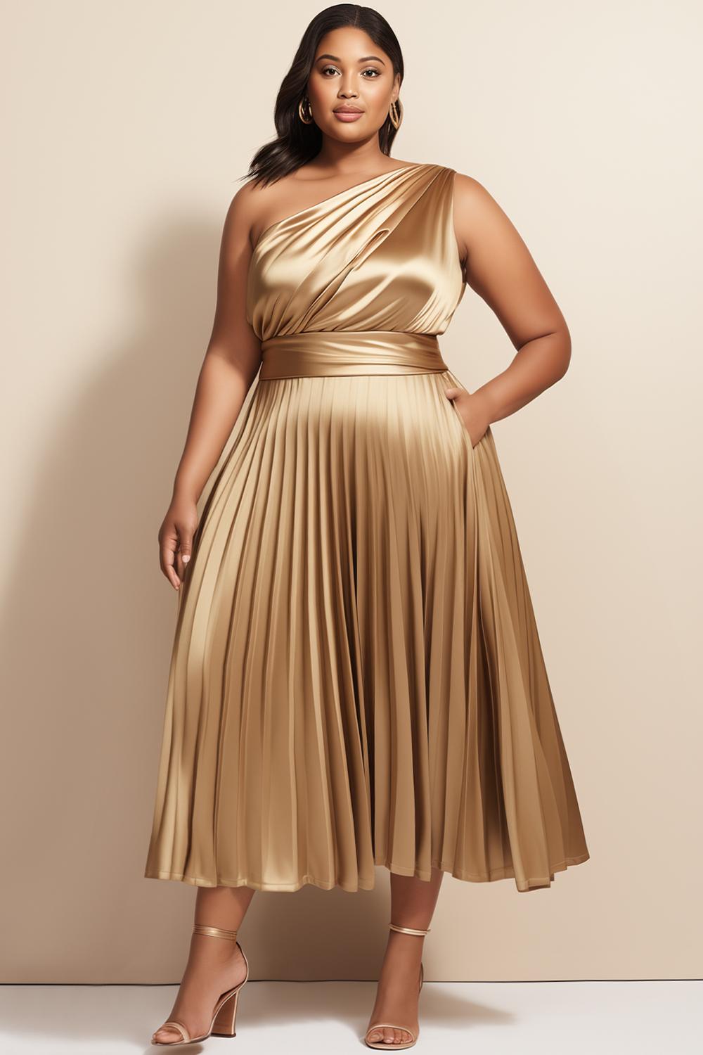 Flycurvy Plus Size Wedding Guest Gold Satin One Shoulder Pocket Pleated Tea-Length Dress