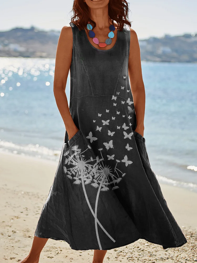 Women's Dandelion  Art Print Casual Linen Dress socialshop