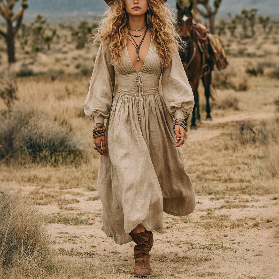 Western Girl Ethnic Style Retro Splicing V-neck Linen Long-sleeved Dress Long Skirt