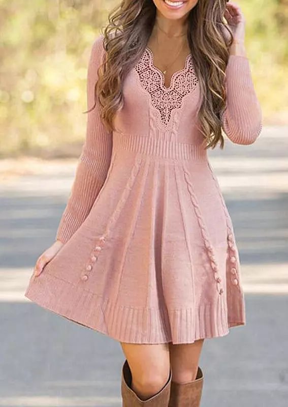 Lace Splicing Crochet Long Sleeve Sweater Mini Dress   LILYELF