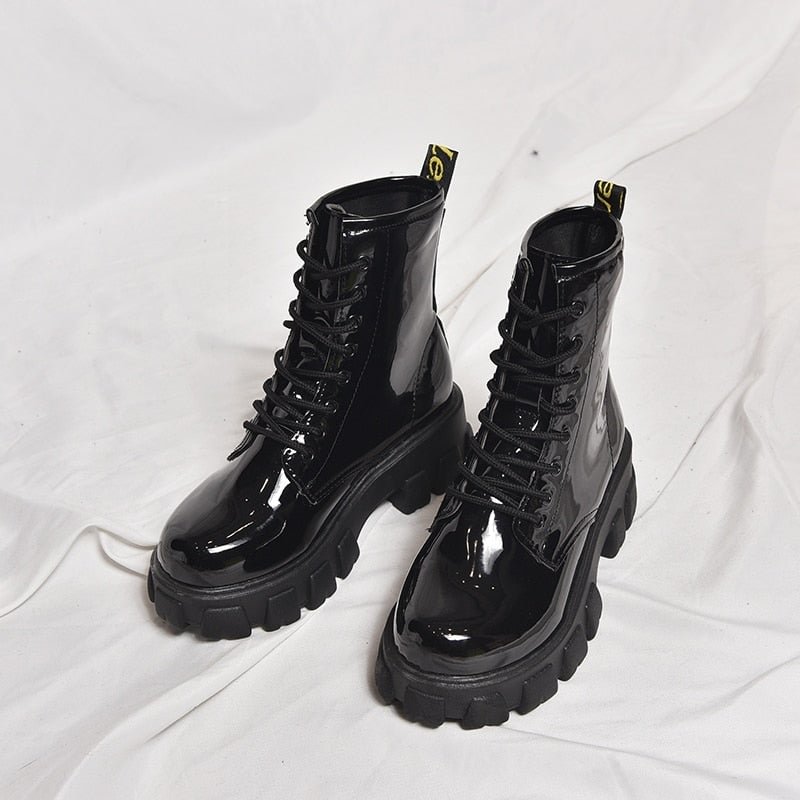 2020 Women Autumn Ankle Boots Thick Zip Girl Patent Leather Shoes Boots Women Botas Mujer Lace Up Short Boots New Fashion