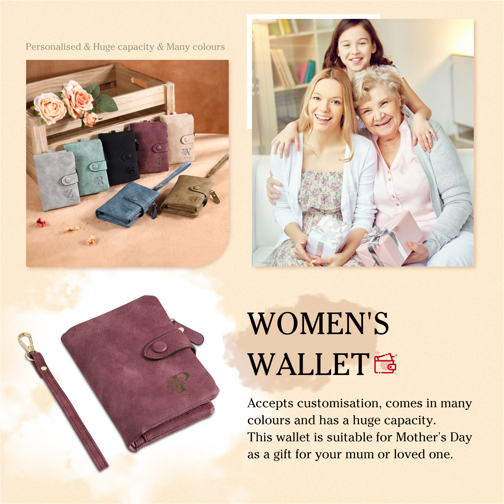 Portafoglio in PU pelle albero di vita con 8 letetre & 1 testo & 1 nome personalizzati per mamma/nonna