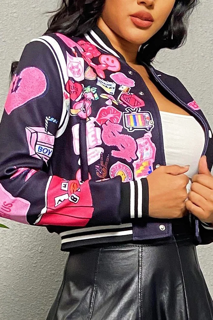 Letter & Graphic Print Snap Button Bomber Jacket