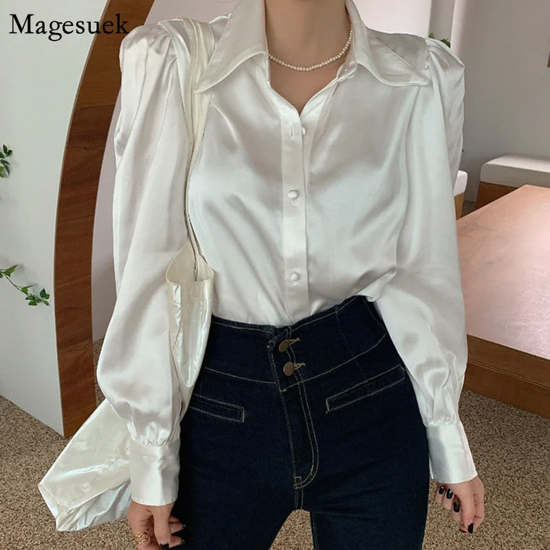 2021 Spring Loose Satin Women Shirts Blouses Button Long Sleeve Office Solid Shirt Women White Blouse Tops Blusas Mujer 12635