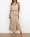 Long Formal Satin Dress Mock Neck High Neck Evening Dress