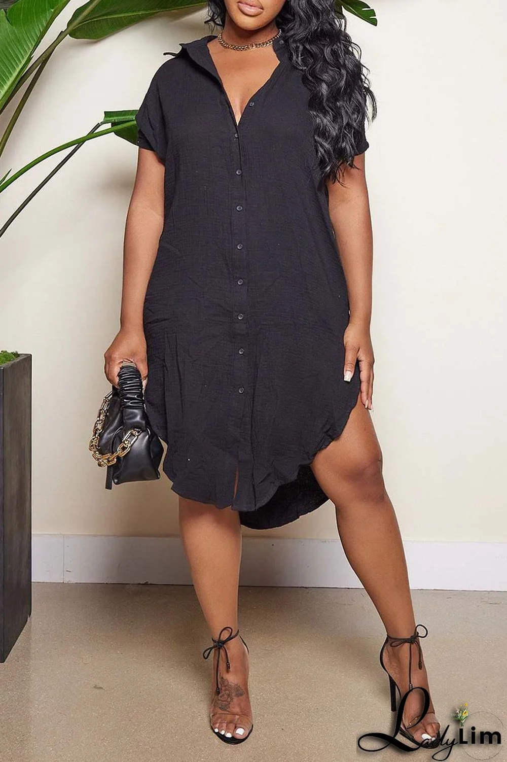 Black Casual Solid Patchwork Buckle Turndown Collar Shirt Dress Dresses
