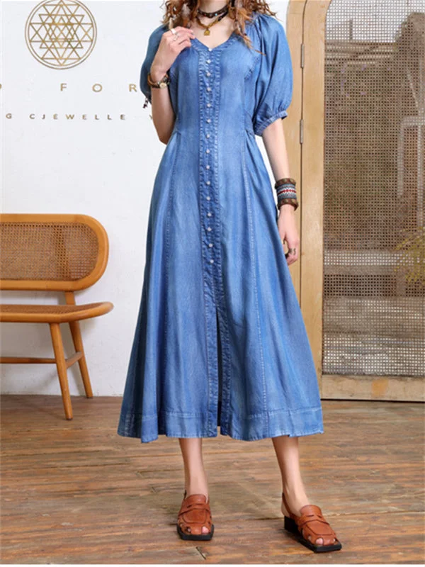 Women's Denim Short Sleeve V-Neck Dress