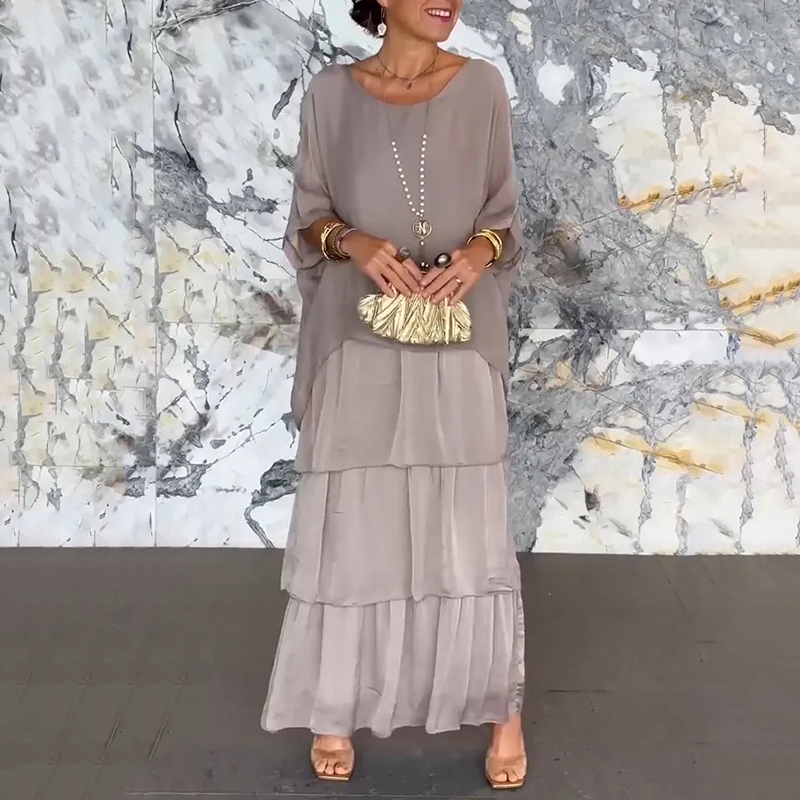 Elegant Chiffon Cake Round Neck Bat Sleeve Skirt Dress wearshes