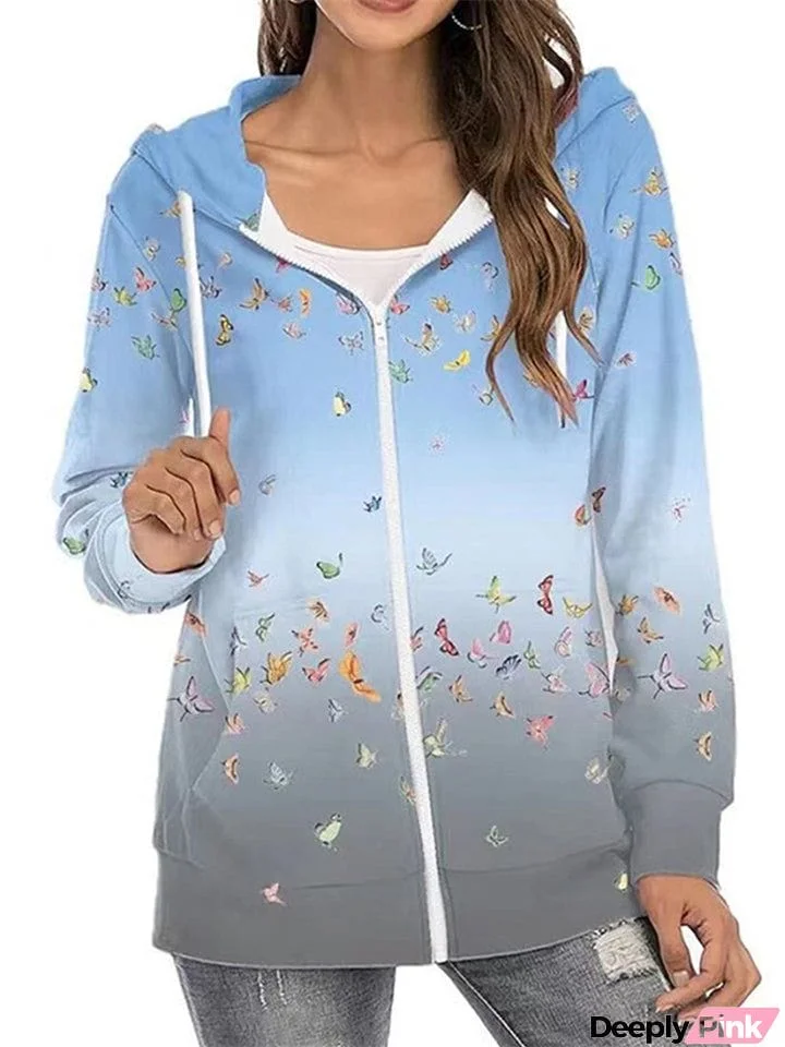 Casual Printed Zipper Long Sleeve Hoodies